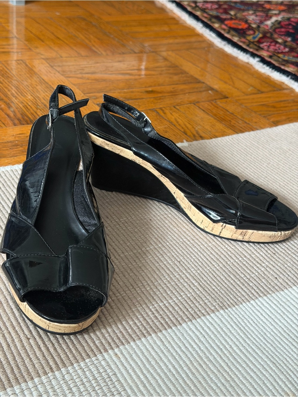 Annie Black Patent Cork Wedge Slingback Sandals